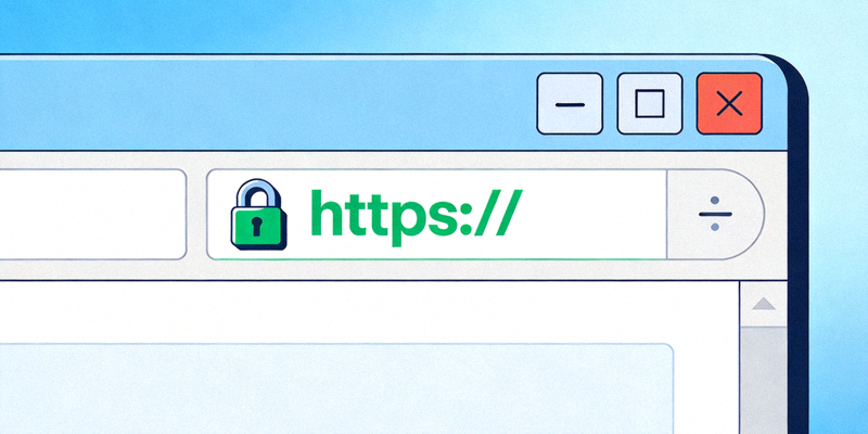 Ilustrasi tampilan browser dengan ikon gembok dan protokol HTTPS yang menandakan koneksi aman