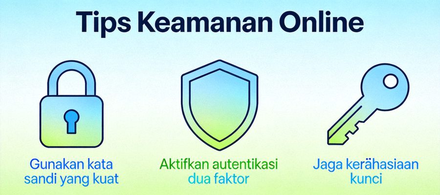 Ilustrasi tips keamanan online dengan ikon gembok, perisai, dan kunci
